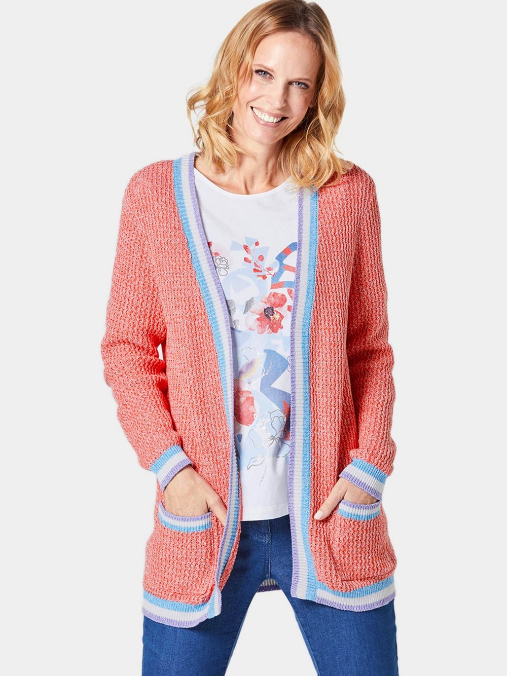 Goldner Strickjacke Damen Baumwolle rot gemustert, 44