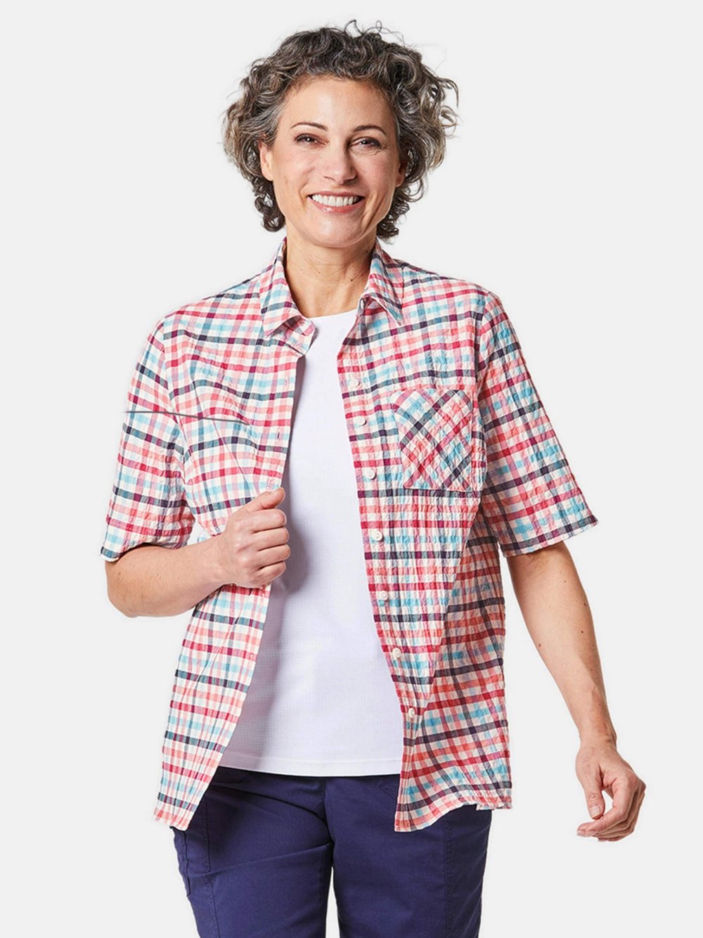 Goldner Seersucker-Bluse Damen Baumwolle blau kariert, 44