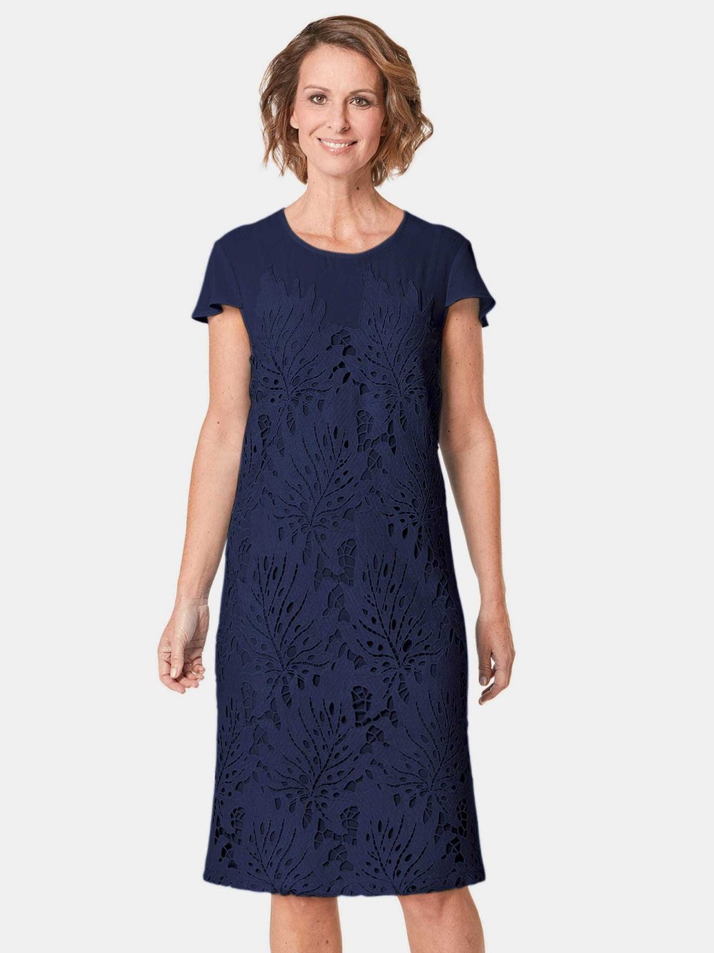 Thumbnail - Goldner Spitzenkleid Damen blau gemustert, 42