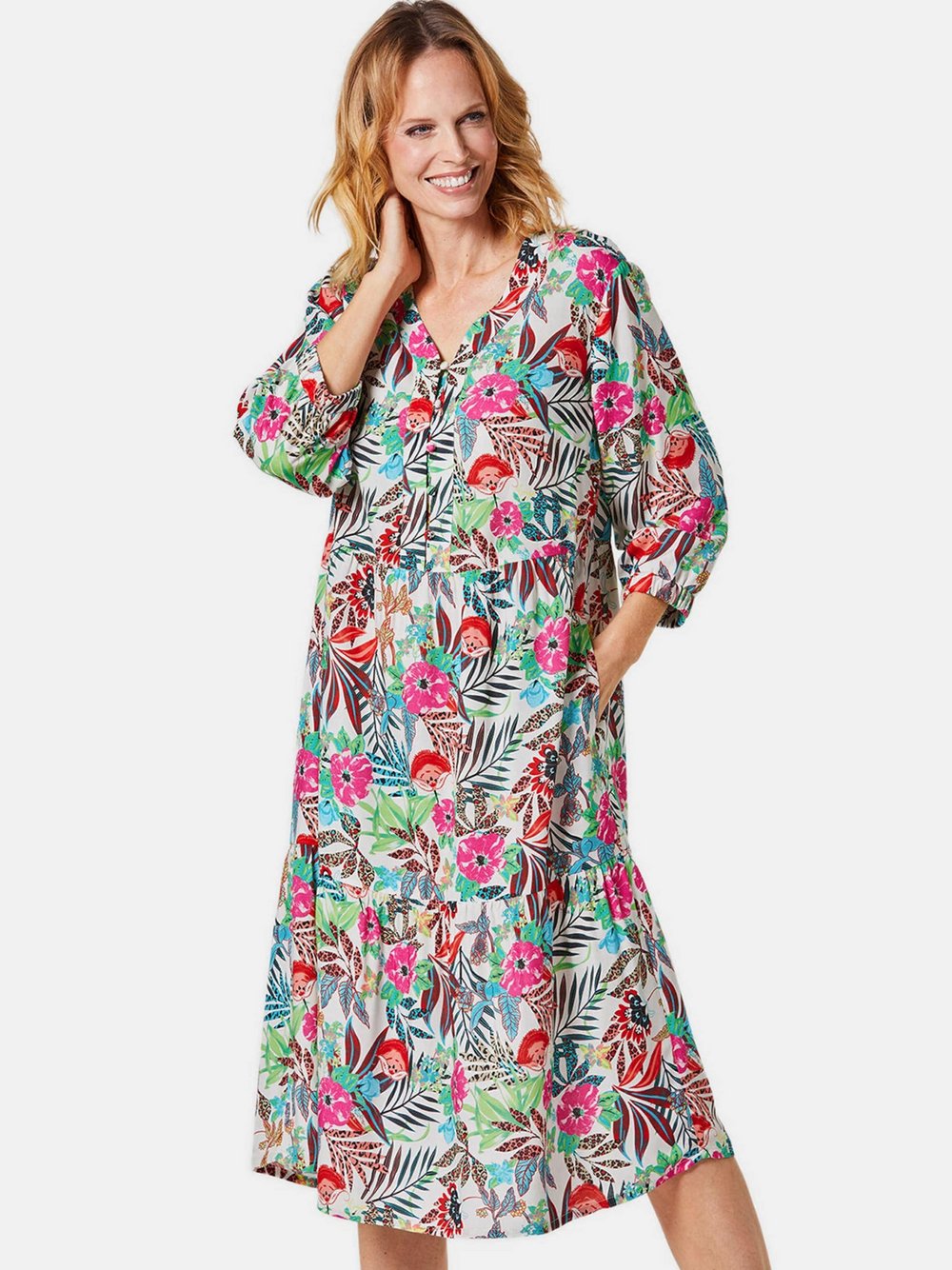 Thumbnail - Goldner Druckkleid Damen Viskose mehrfarbig gemustert, 44