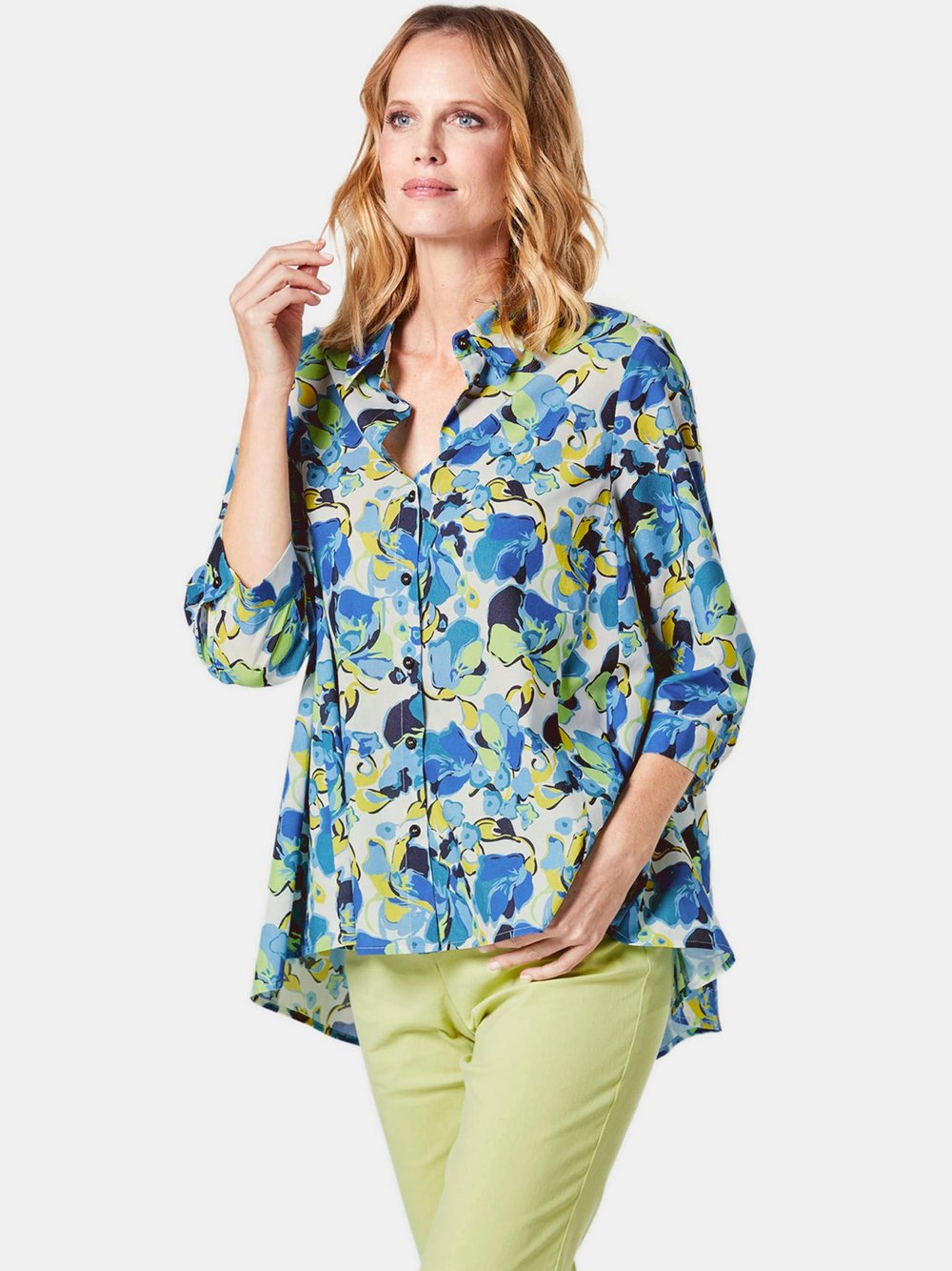 Goldner Druckbluse Damen Baumwolle blau gemustert, 44