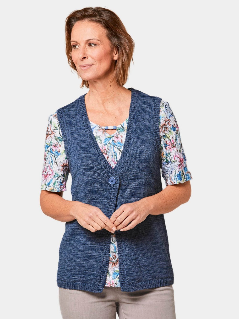 Goldner Bändchengarnstrickweste Damen blau, 38