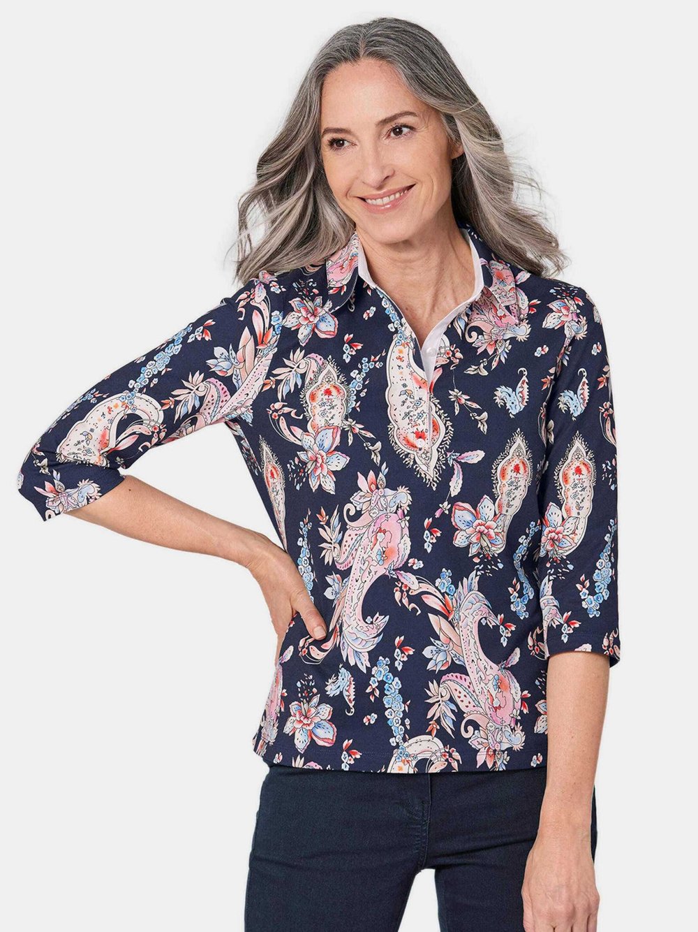 Goldner Poloshirt Damen Baumwolle blau bedruckt, 52