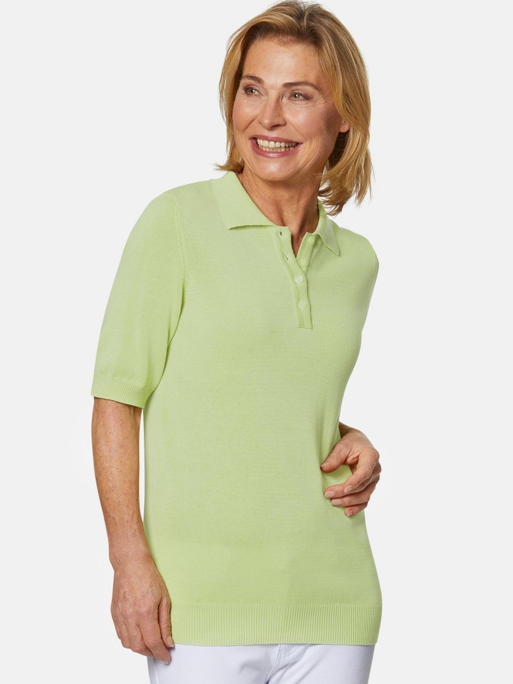 Goldner Kurzgröße: Kurzarm Strickpullover mit Kragen Damen Baumwolle grün, 19