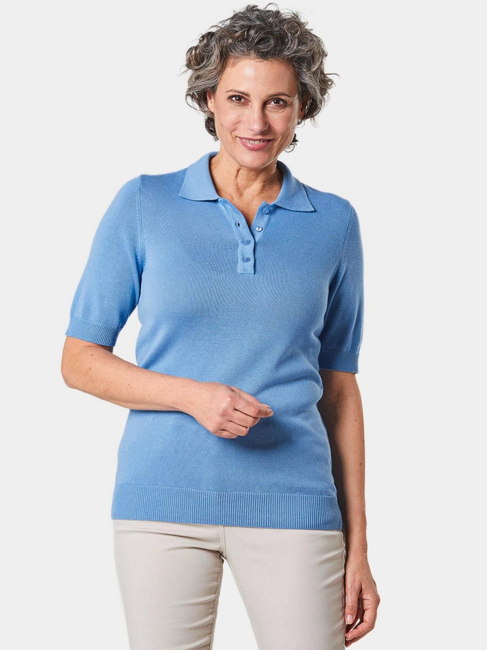 Goldner Kurzgröße: Kurzarm Strickpullover mit Kragen Damen Baumwolle blau, 21