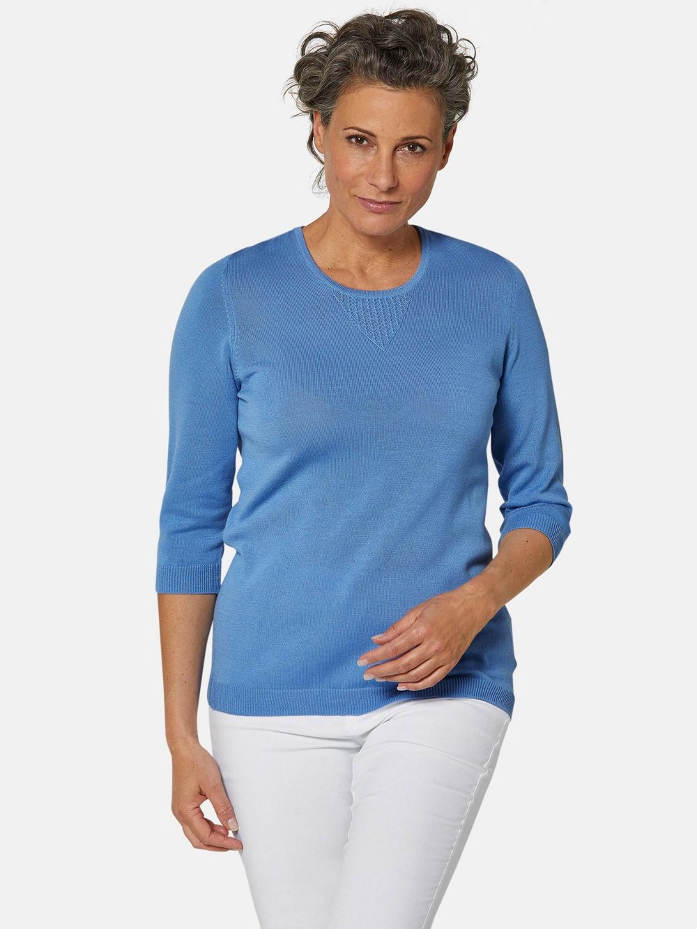 Goldner Kurzgröße:  Sommerlicher Strickpullover mit Ajourmuster Damen Baumwolle blau, 20
