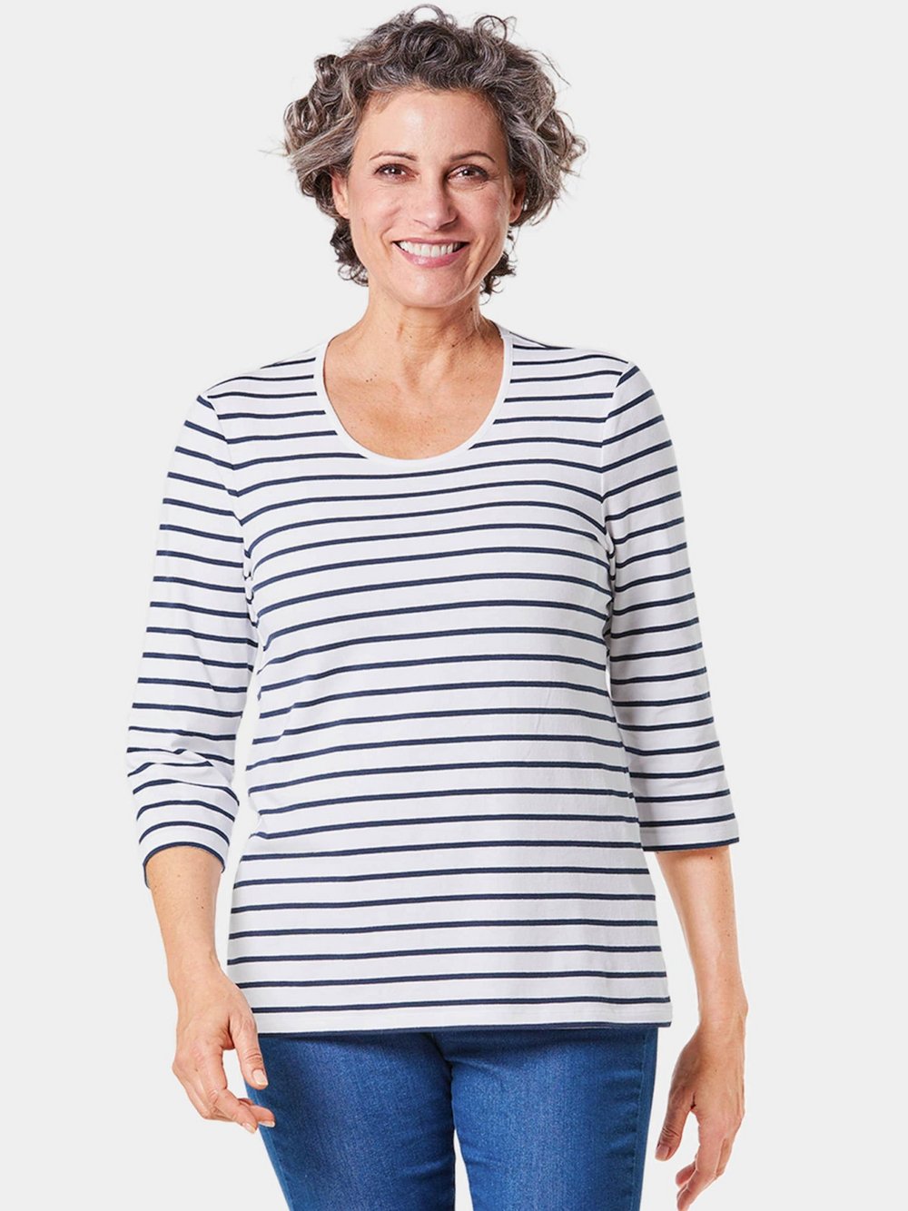 Thumbnail - Goldner Ringelshirt Damen Baumwolle weiß gestreift, 46
