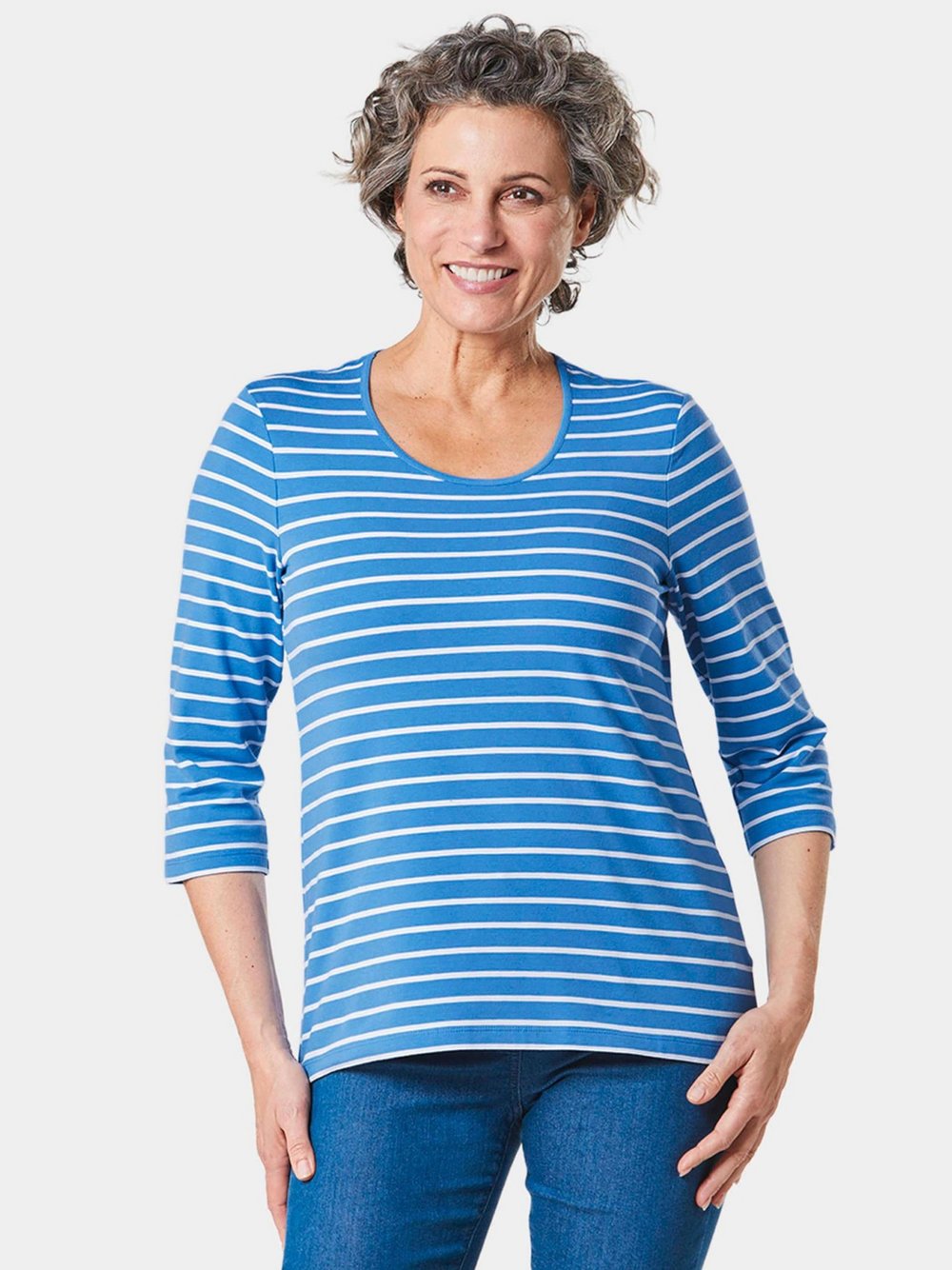 Thumbnail - Goldner Ringelshirt Damen Baumwolle blau gestreift, 42
