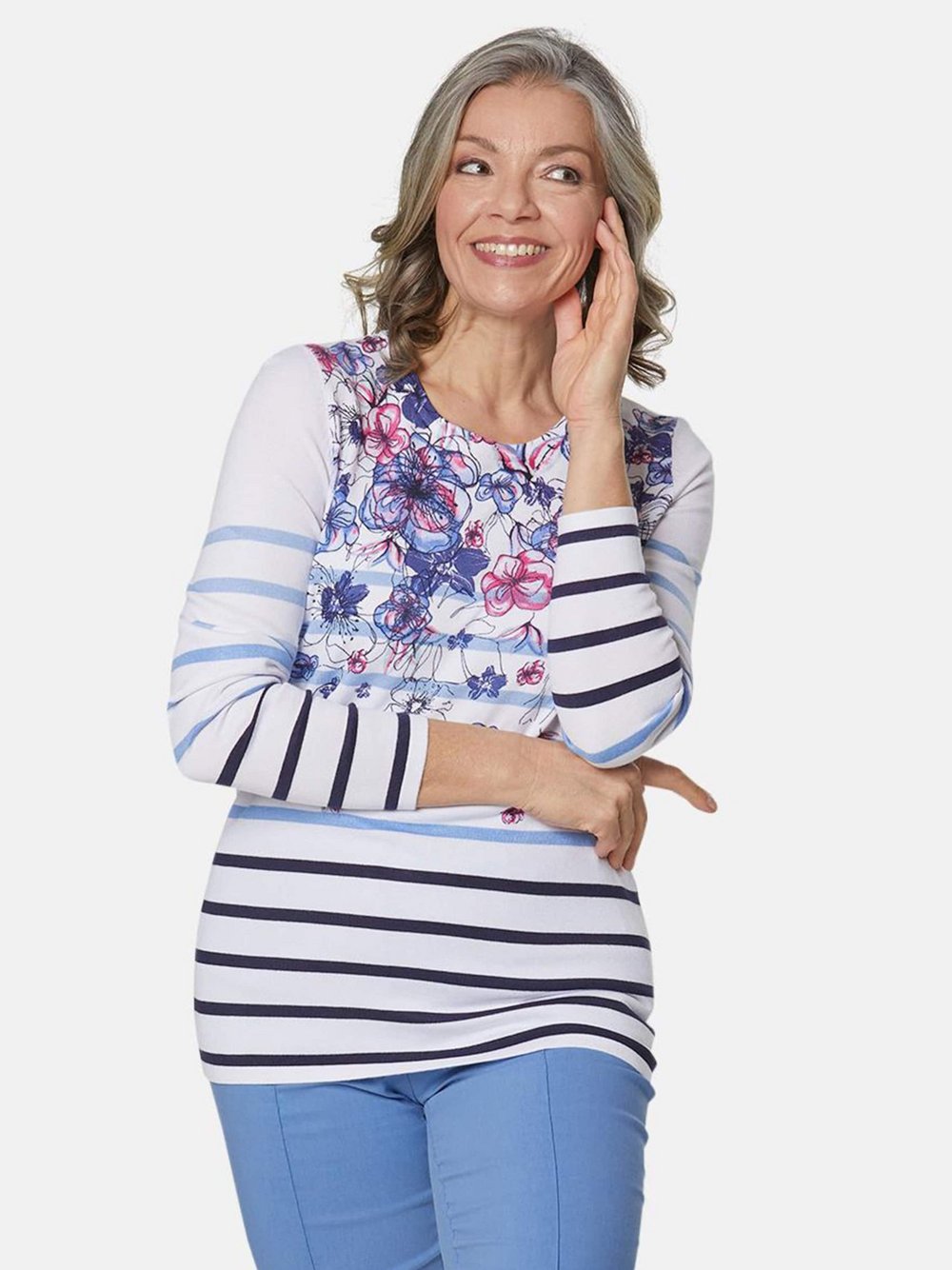 Goldner Druckpullover Damen Viskose weiß bedruckt, 48