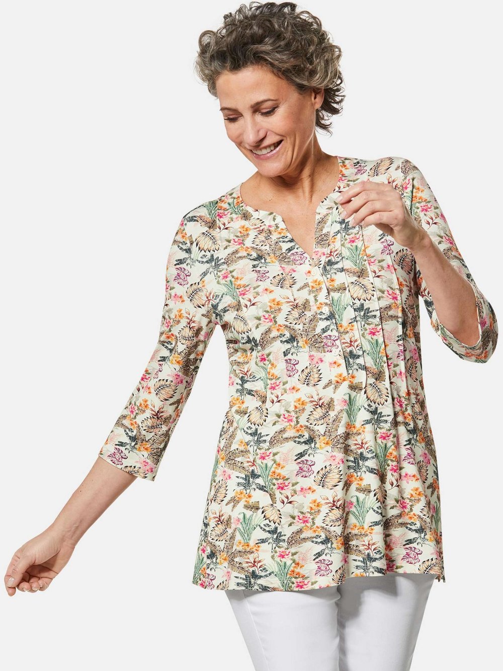 Goldner Drucktunika-Shirt Damen Viskose weiß bedruckt, 40