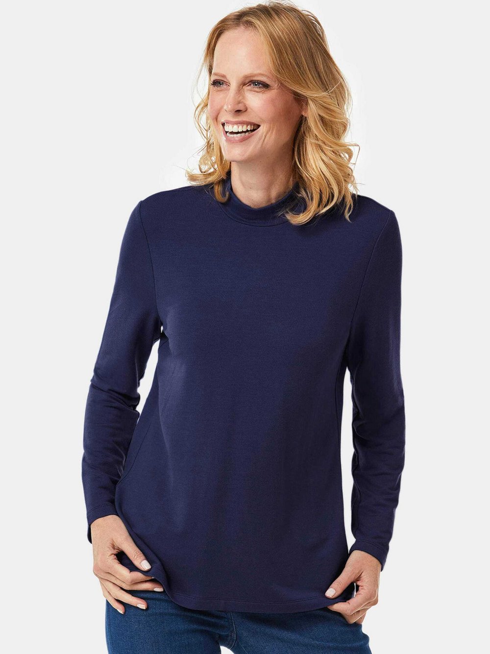 Thumbnail - Goldner Stehbundshirt Damen Modal blau, 46