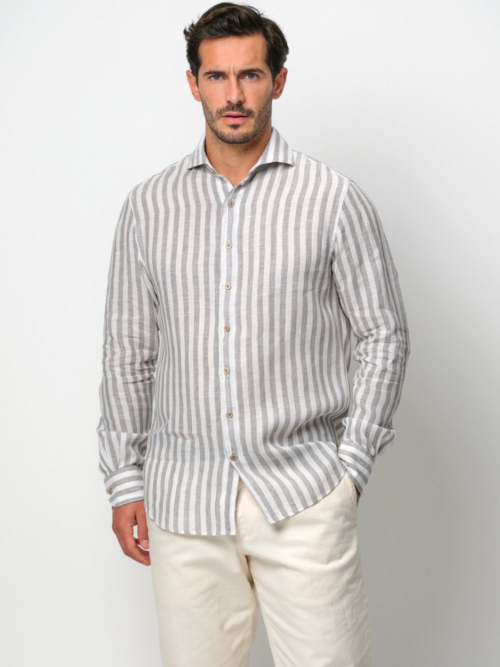 Profuomo Hemd Herren Slim Fit Leinen grau gestreift, 38