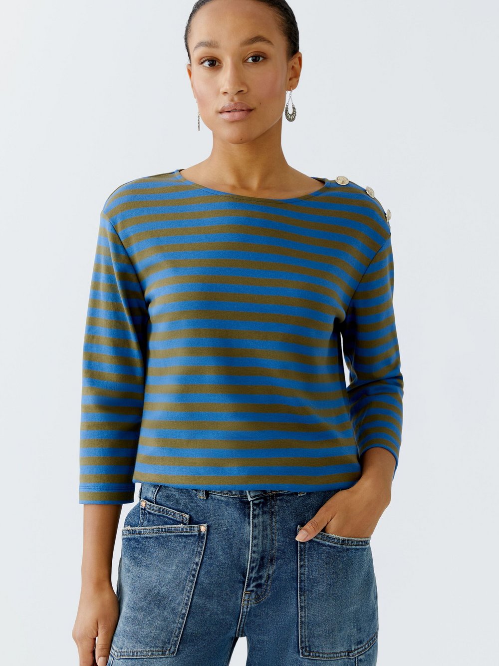 Oui Langarmshirt Damen Baumwolle grün gestreift, 36