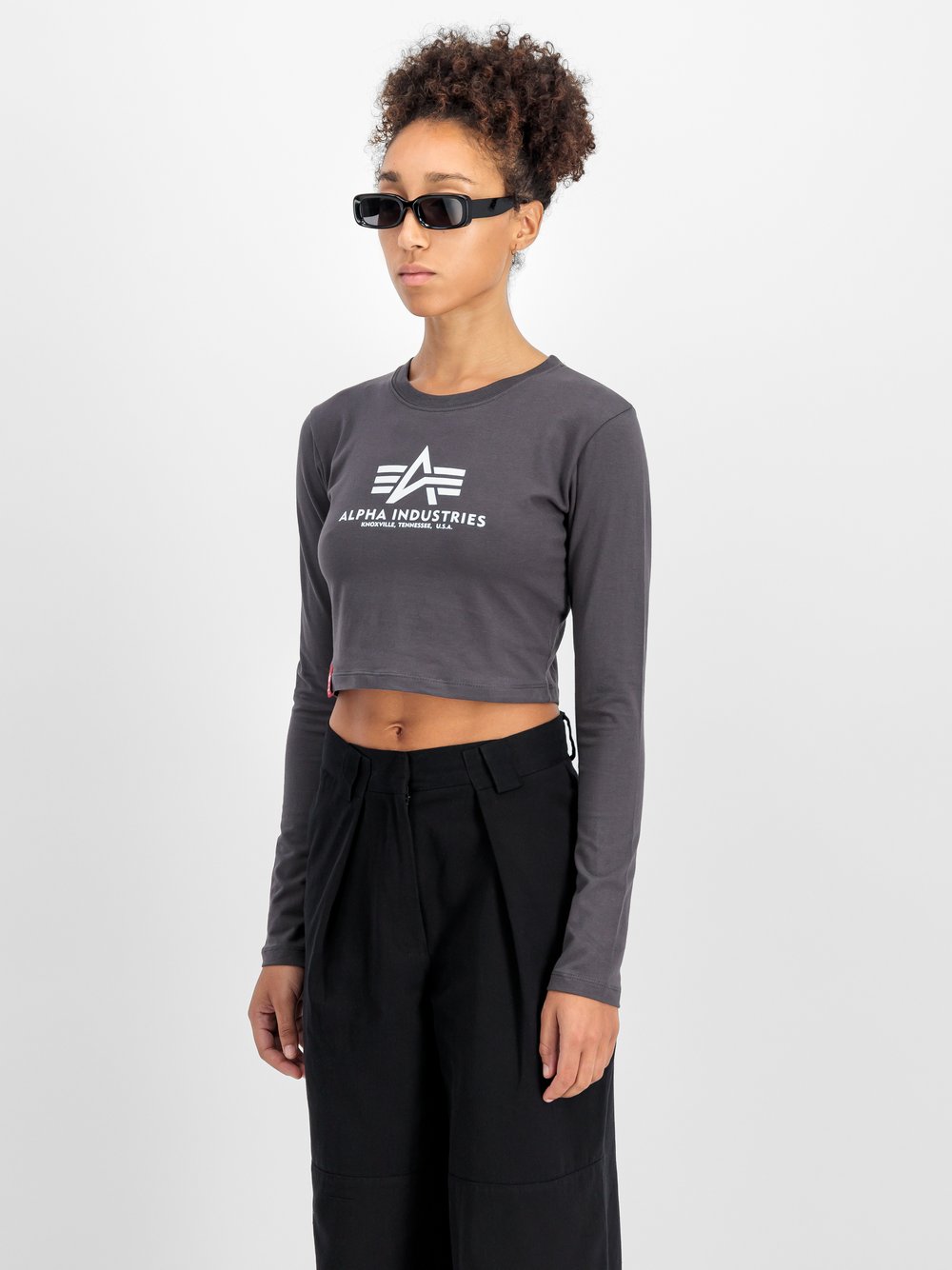Thumbnail - Alpha Industries Langarmshirt Damen Baumwolle grau bedruckt, XS