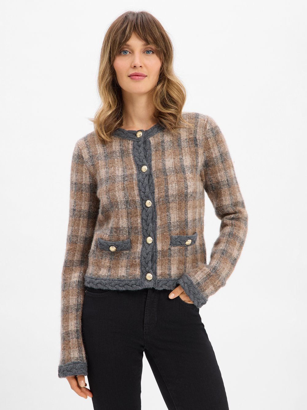JOOP! Strickjacke mit Alpaka-Anteil Damen Wolle mehrfarbig kariert, 38
