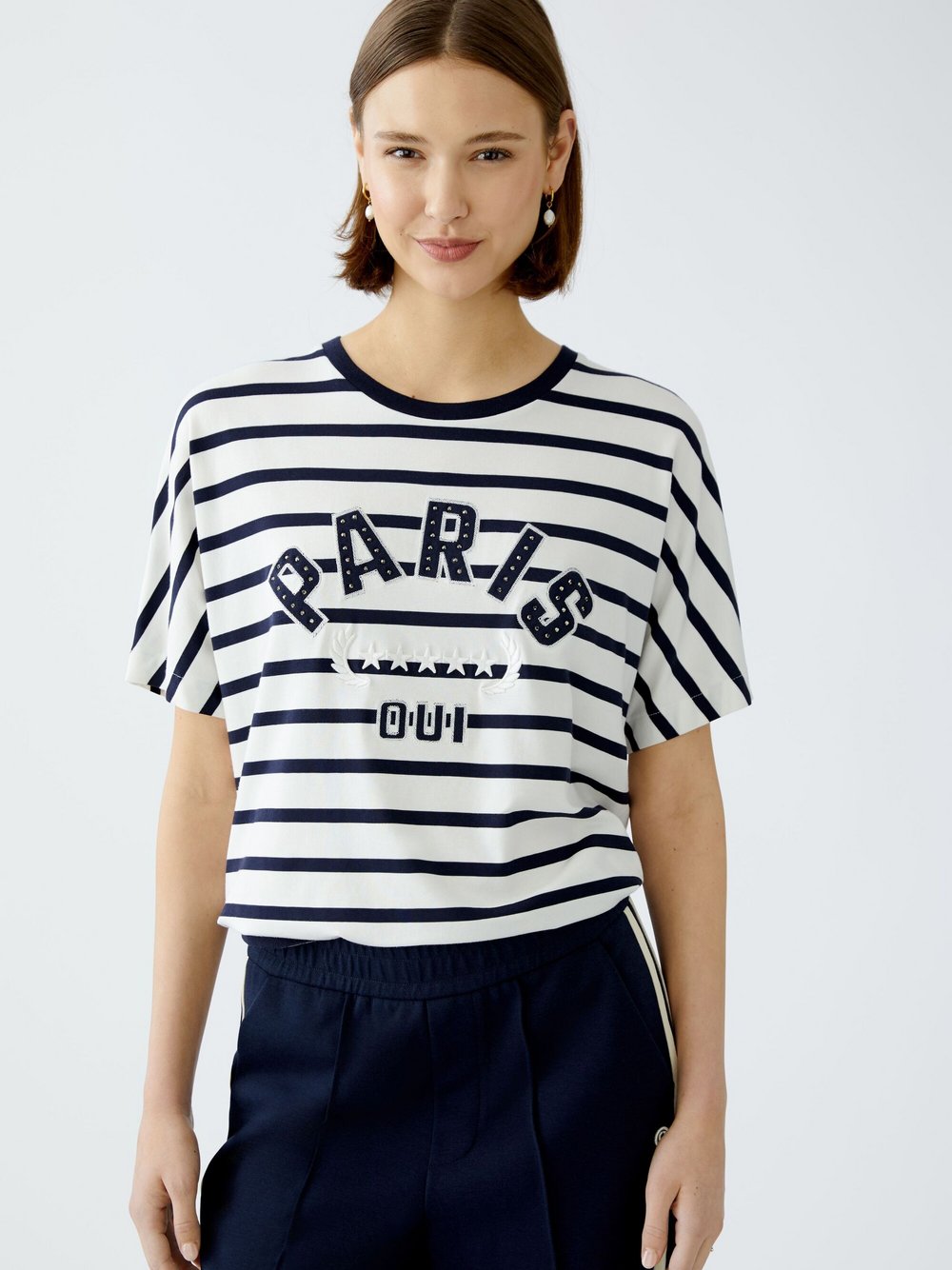 Oui T-Shirt Damen Baumwolle weiß gestreift, 38