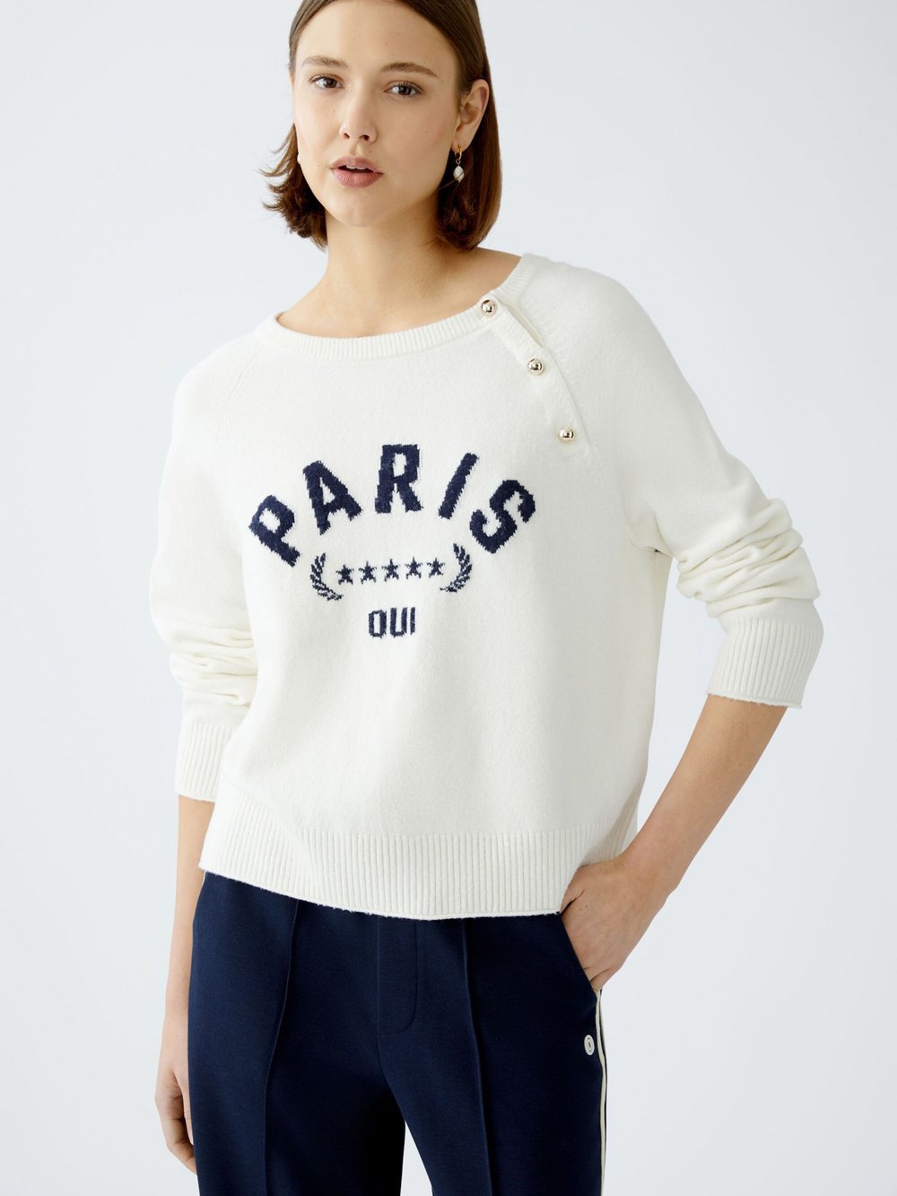 Thumbnail - Oui Pullover Damen Baumwolle weiß bedruckt, 42