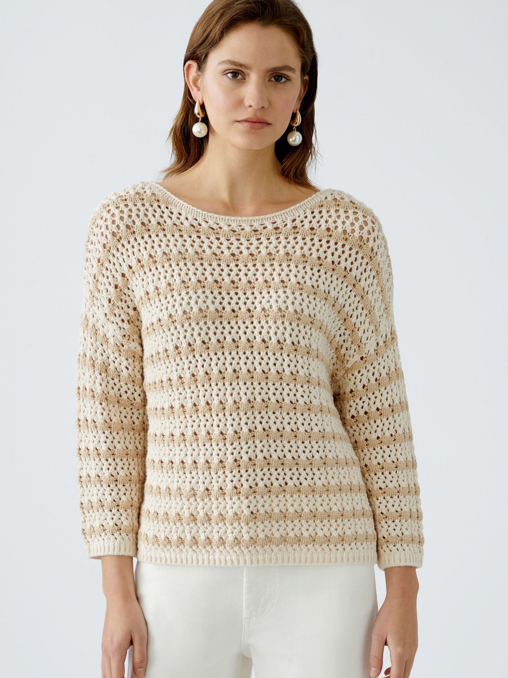 Oui Pullover Damen Viskose weiß gestreift, 40