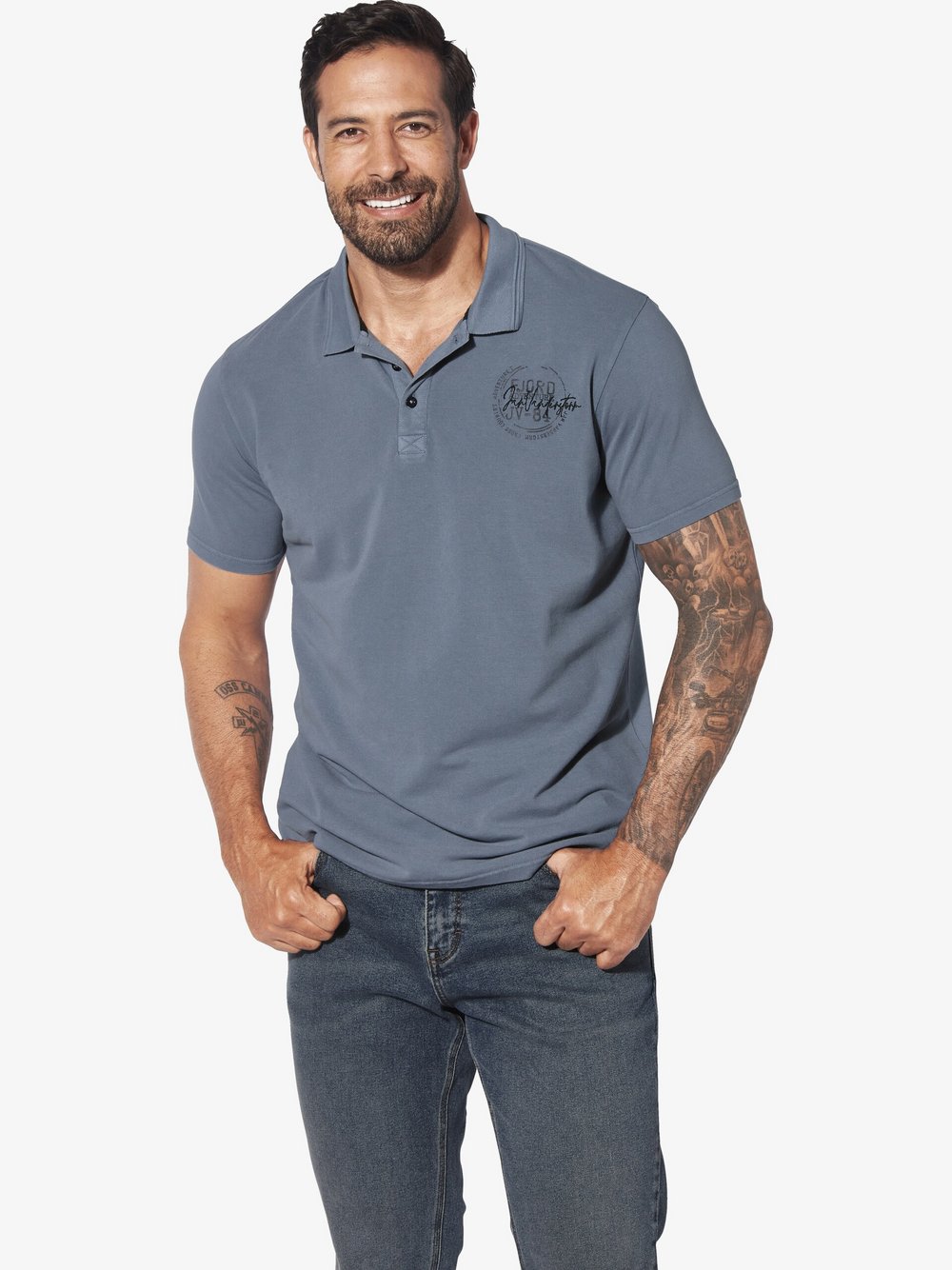 Jan Vanderstorm Poloshirt Herren Baumwolle blau bedruckt, XXXXL