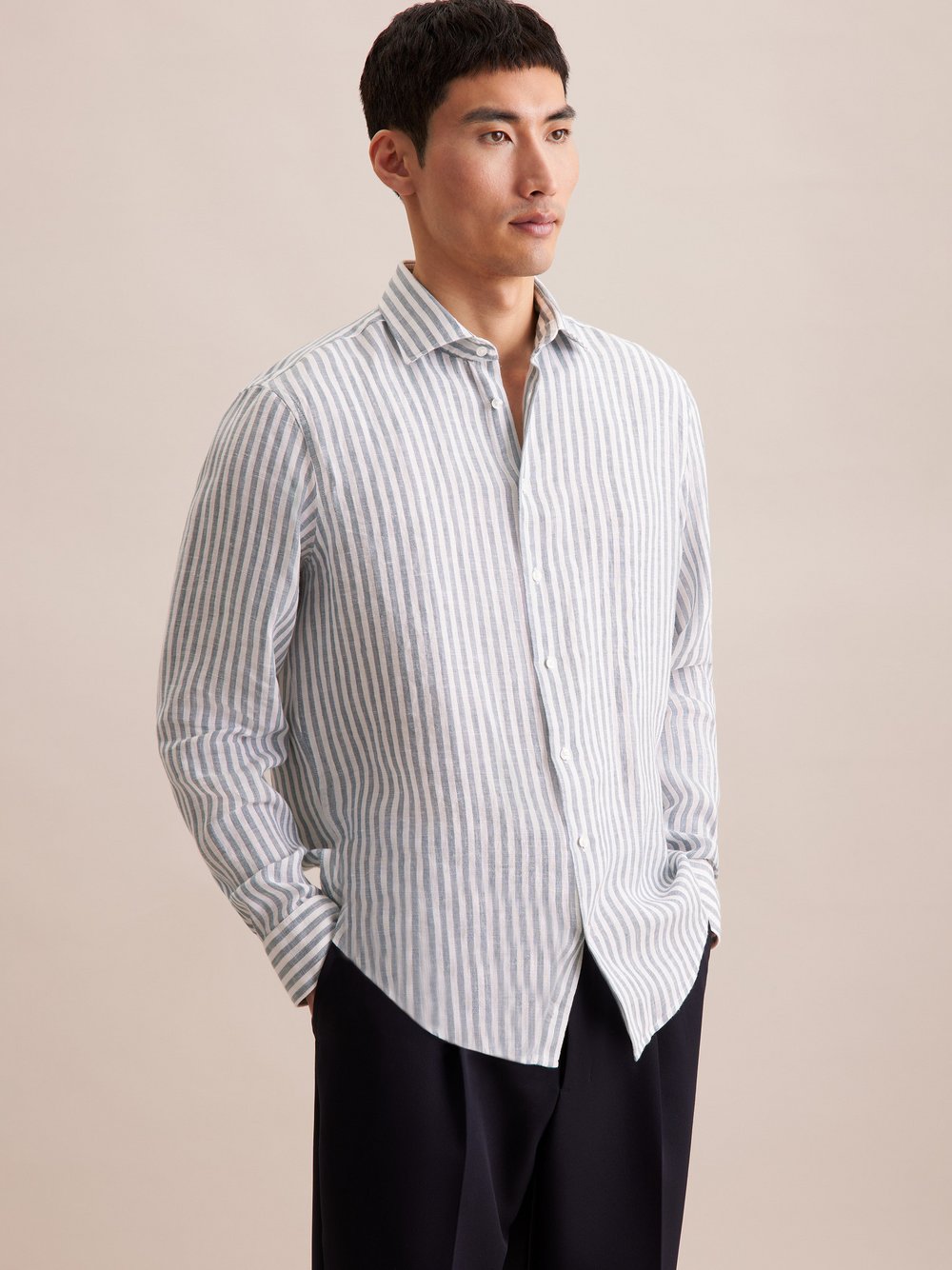 Seidensticker Business Hemd Herren Regular Fit Leinen grün gestreift, 40