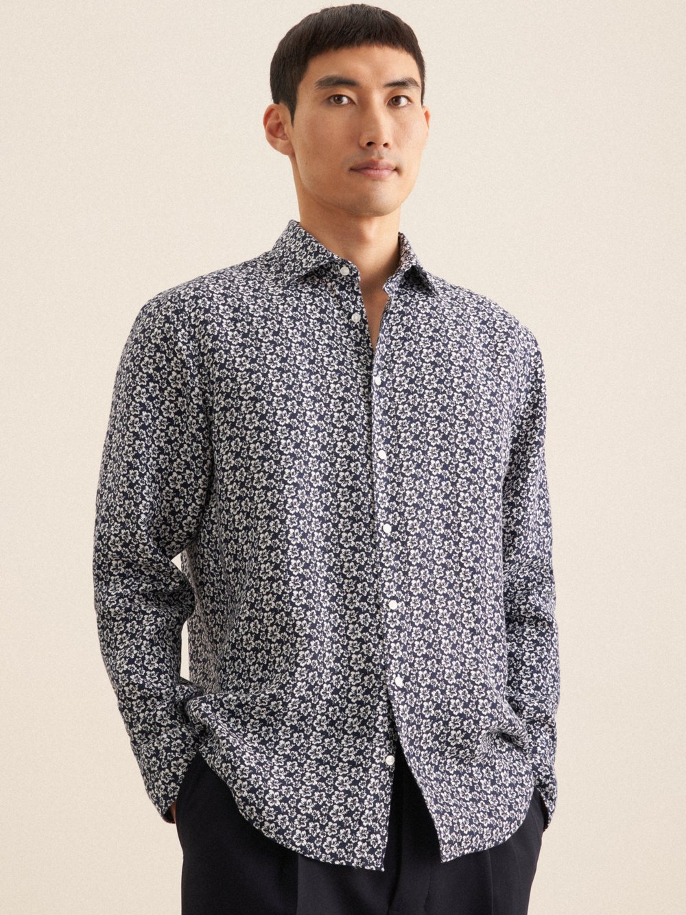 Seidensticker Business Hemd Herren Regular Fit Leinen blau gemustert, 42