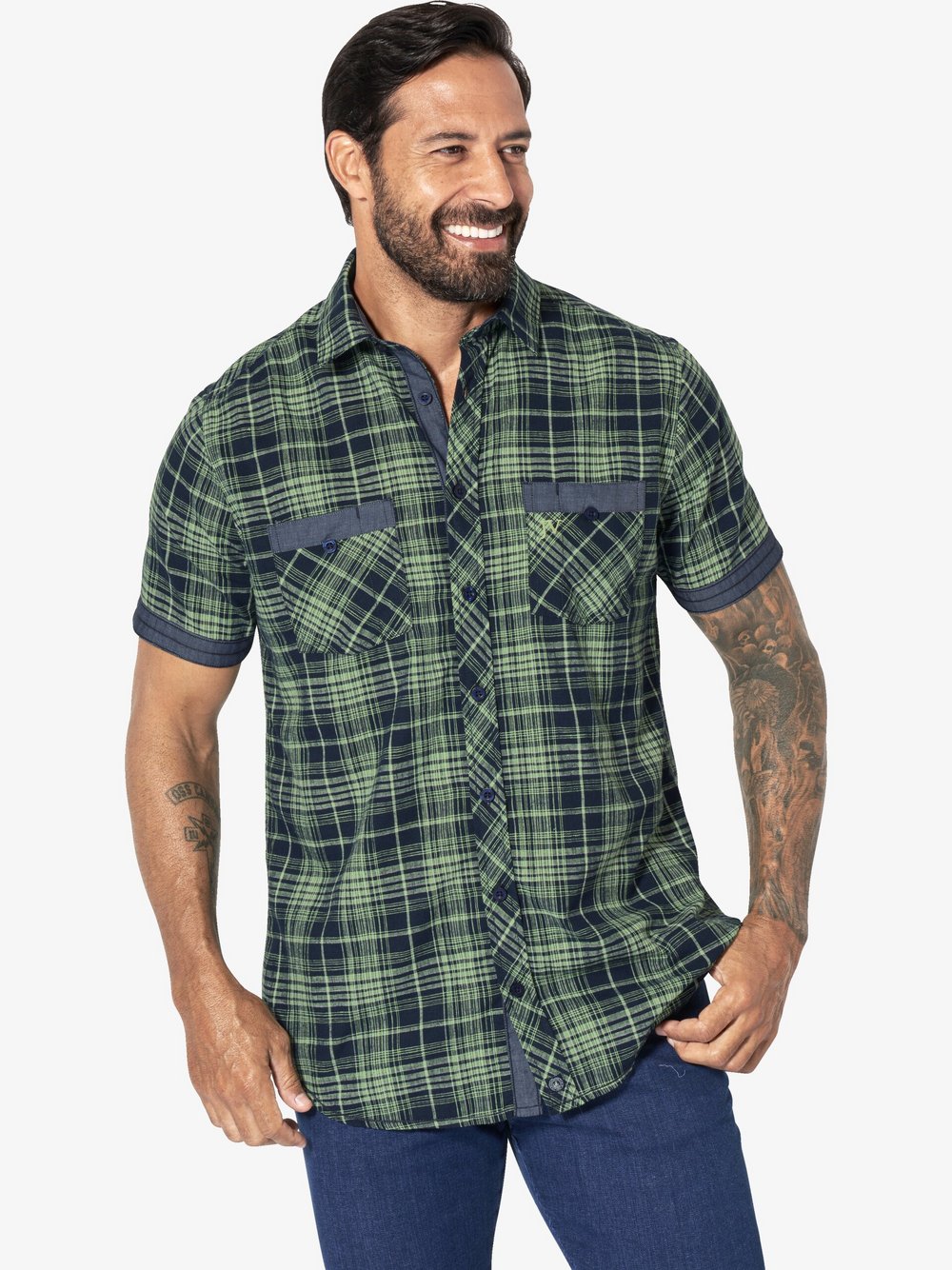 Thumbnail - Jan Vanderstorm Kurzarmhemd Herren Comfort Fit blau kariert, 7XL