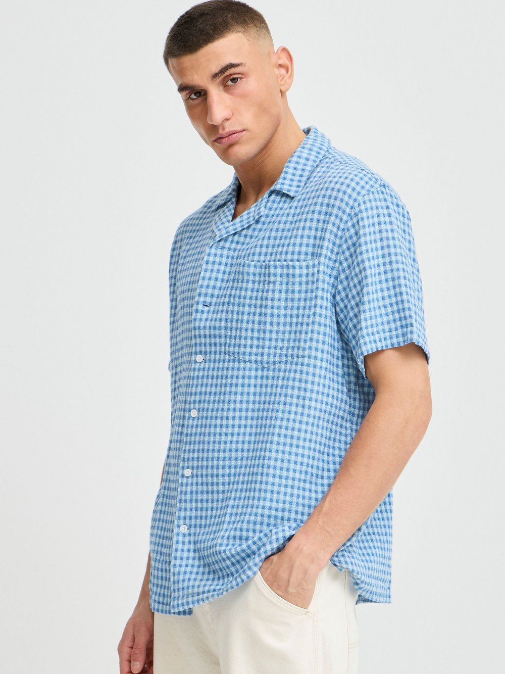 Solid Kurzarmhemd Herren Comfort Fit Baumwolle blau kariert, XL