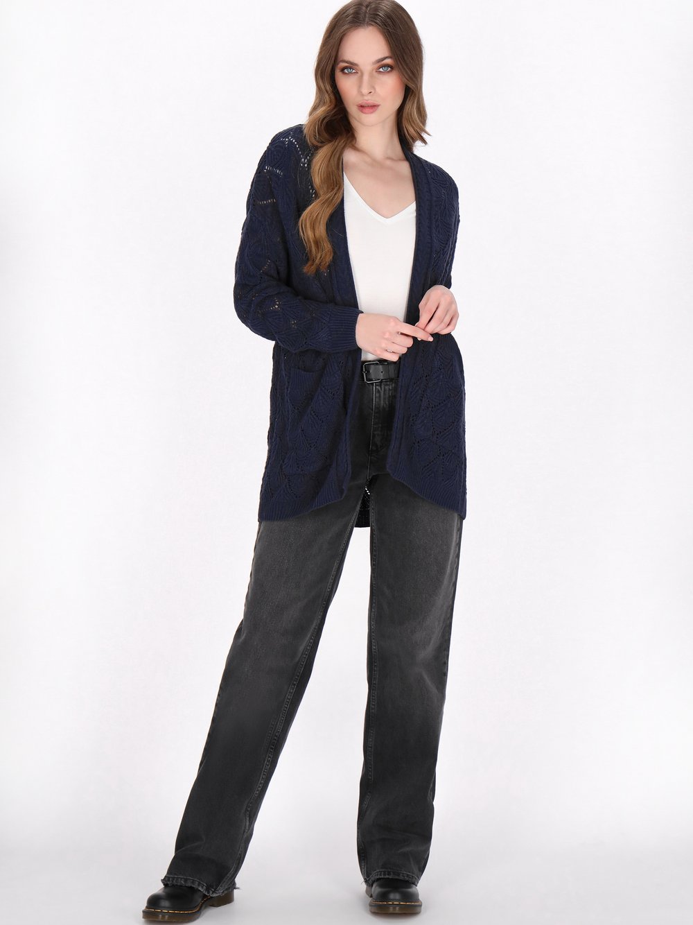 Dreimaster Strickjacke Damen Wolle blau gemustert, XL/XXL