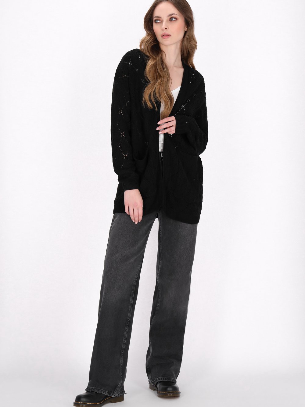 Dreimaster Strickjacke Damen Wolle schwarz gemustert, XL/XXL