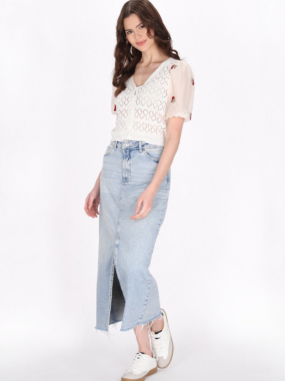 MyMo Strickjacke Damen Polyamid weiß gemustert, M/L