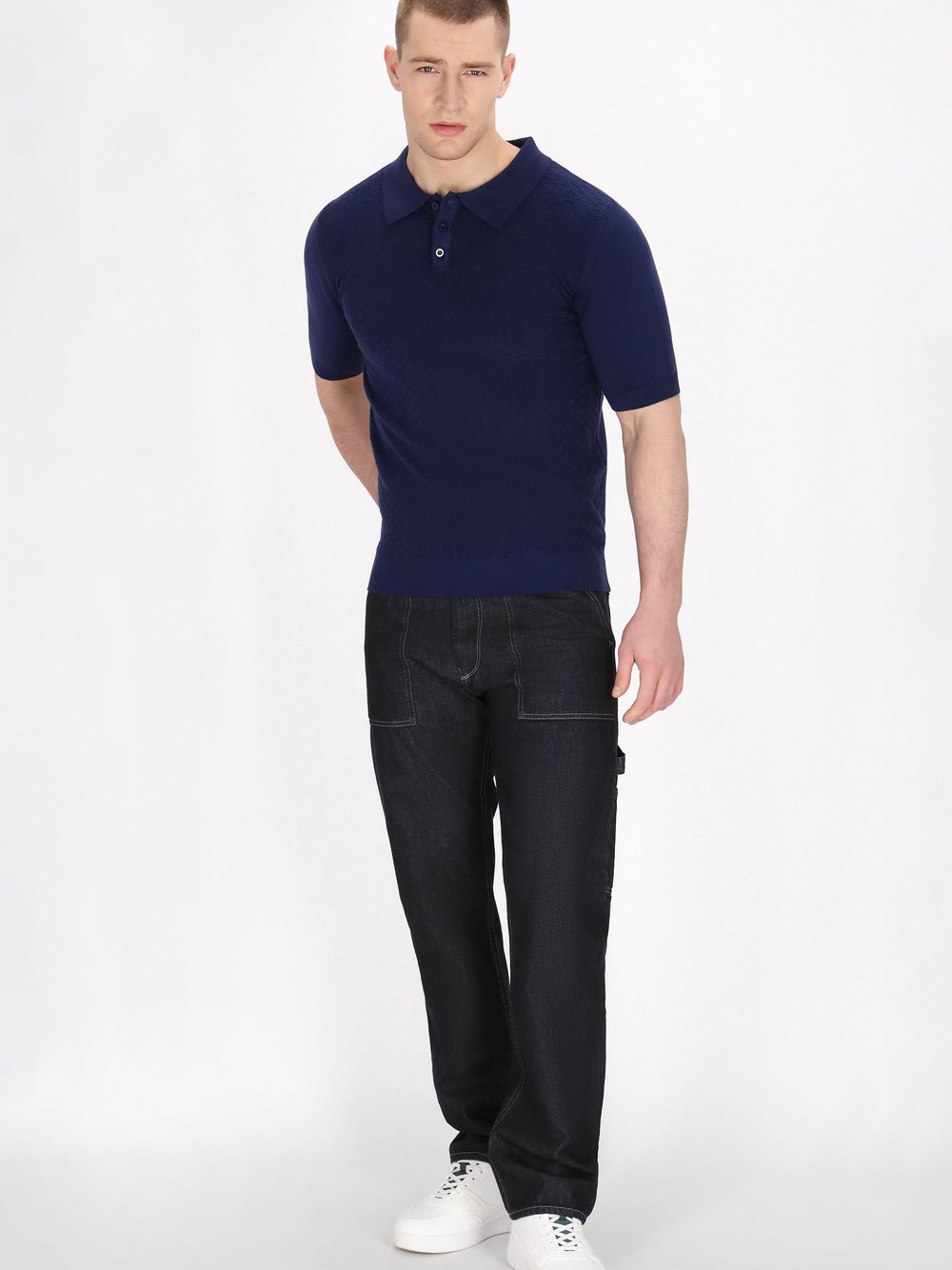 Mo Poloshirt Herren Viskose blau gemustert, XL