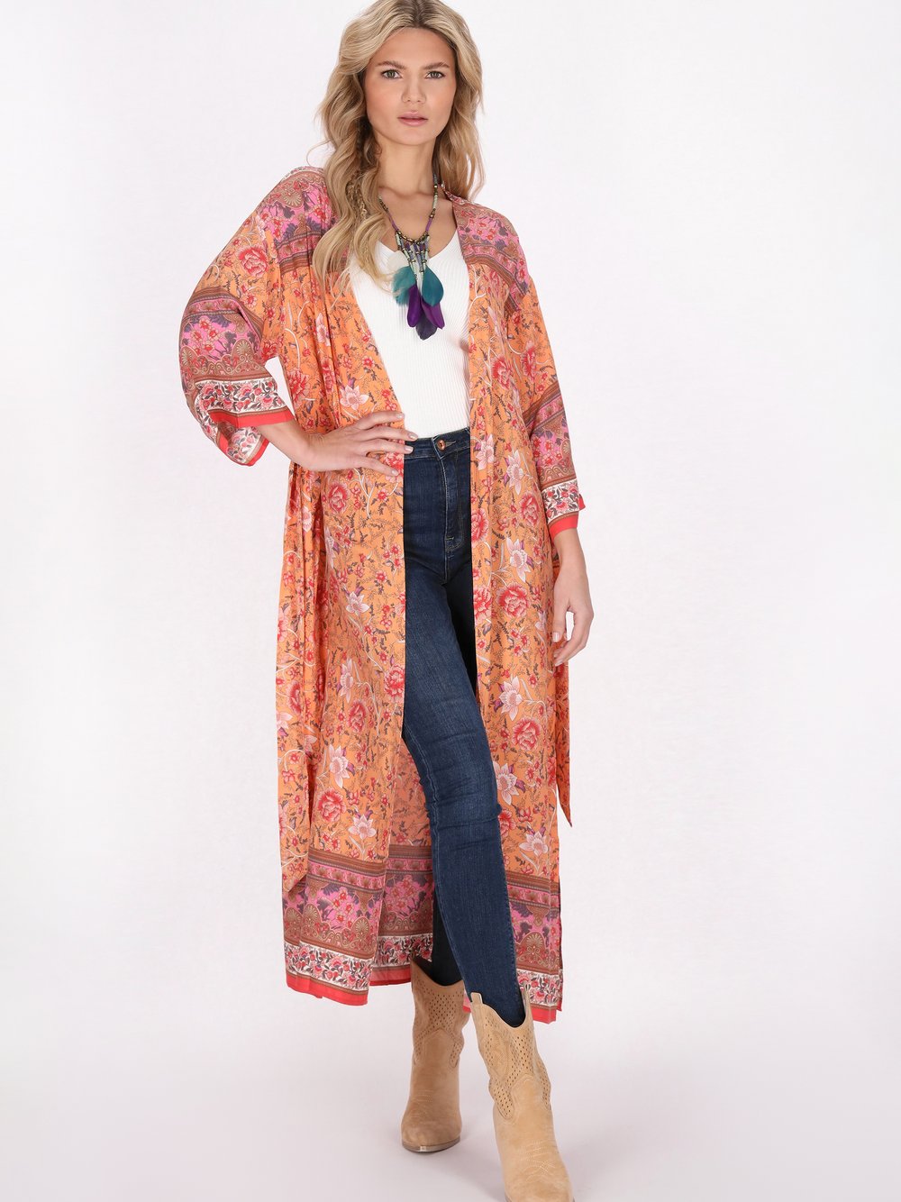 Usha Kimono Damen Viskose orange bedruckt, L