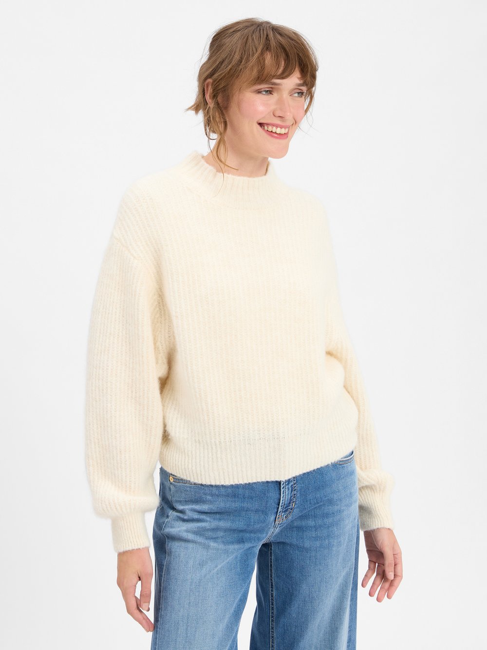 american vintage Strickpullover mit Alpaka-Anteil Damen Grobstrick weiß meliert, L