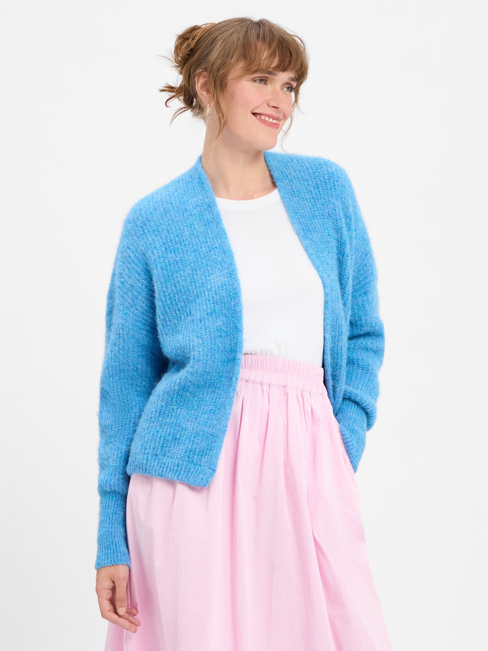 american vintage Strickhülle mit Alpaka-Anteil Damen Grobstrick blau meliert, M/L