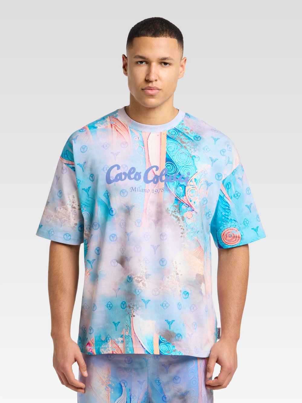 Carlo Colucci Oversize-Shirt  Herren Baumwolle blau gemustert, L
