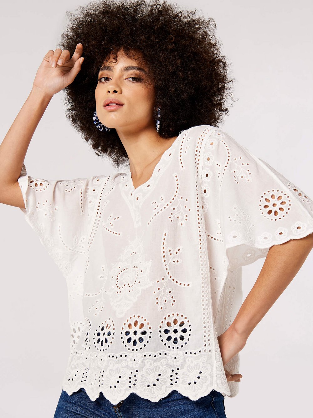 Apricot Bluse Damen Baumwolle weiß bedruckt, 38-40