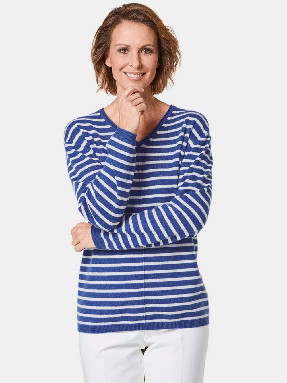 Goldner Kaschmirpullover mit V-Ausschnitt Damen Cashmere blau, 42