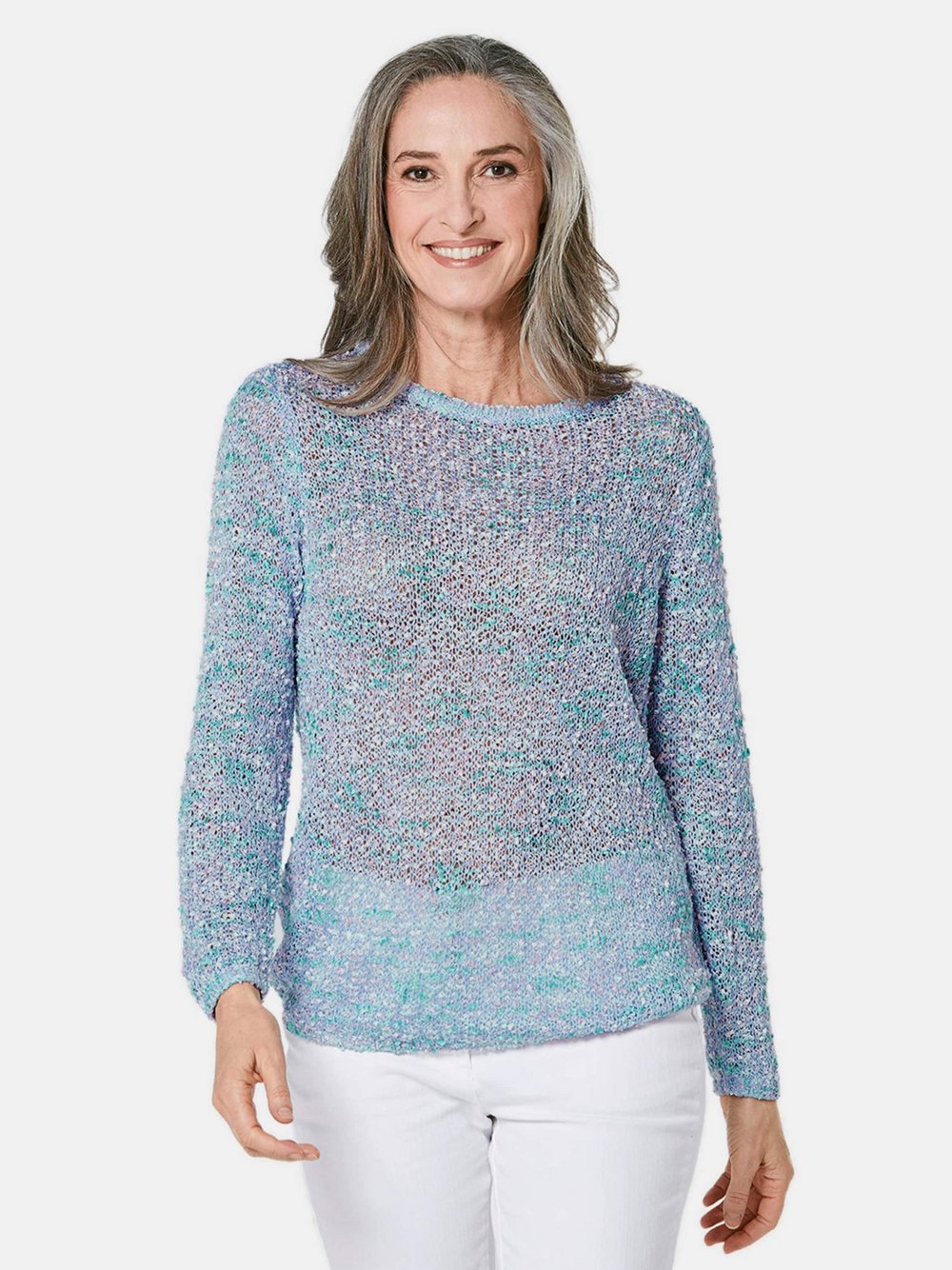 Thumbnail - Goldner Pullover Damen blau strukturiert, 52