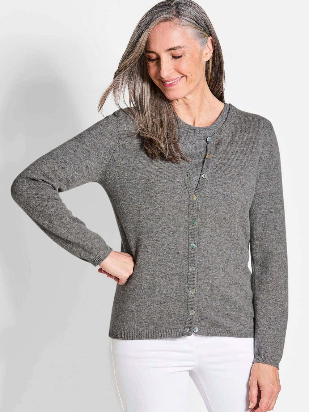 Goldner Kaschmirstrickjacke mit Rundhalsausschnitt Damen Cashmere grau, 40