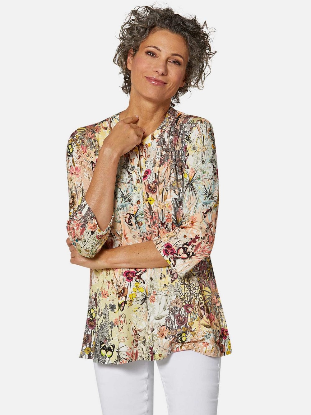 Goldner Drucktunika-Shirt Damen Viskose gelb bedruckt, 44