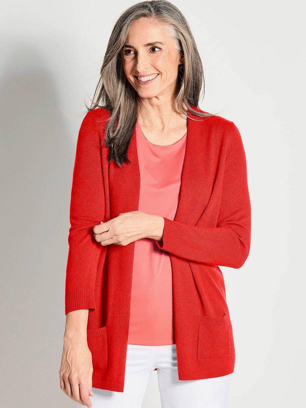 Goldner Kurzgröße: Langarm Feinstrick-Cardigan Damen Cashmere (100%) rot, 22