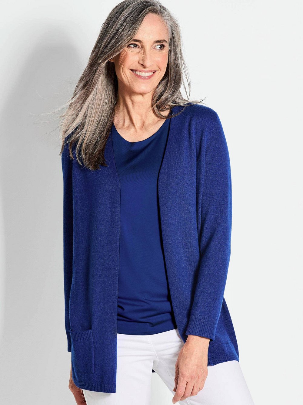 Goldner Kurzgröße: Langarm Feinstrick-Cardigan Damen Cashmere (100%) blau, 19