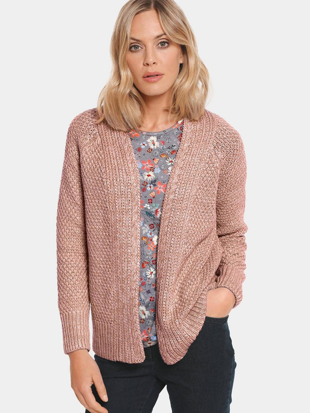 Goldner Strickjacke Damen Baumwolle rosa strukturiert, 42