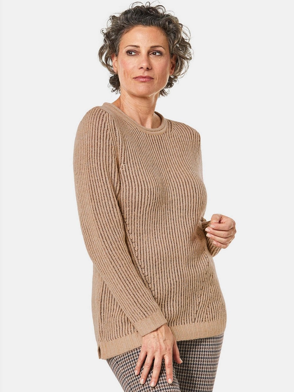 Thumbnail - Goldner Kurzgröße: Strickpullover mit Struktur, Glitzer Damen braun strukturiert, 25