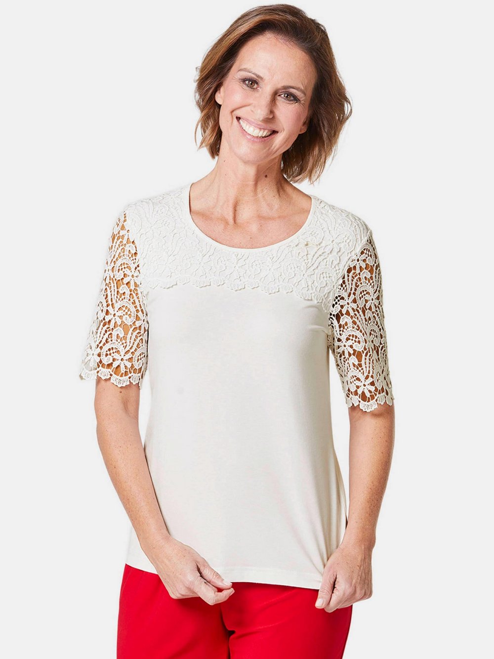 Goldner Kurzgröße: Viskose-Blusenshirt mit Spitze Damen weiß, 19