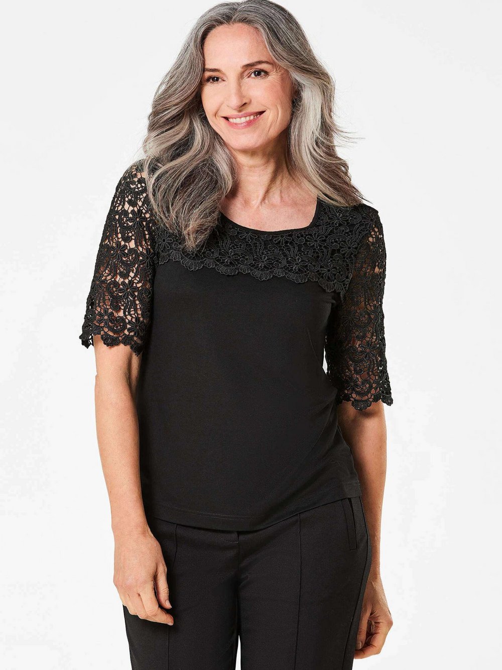 Goldner Spitzenshirt Damen Viskose schwarz, 52