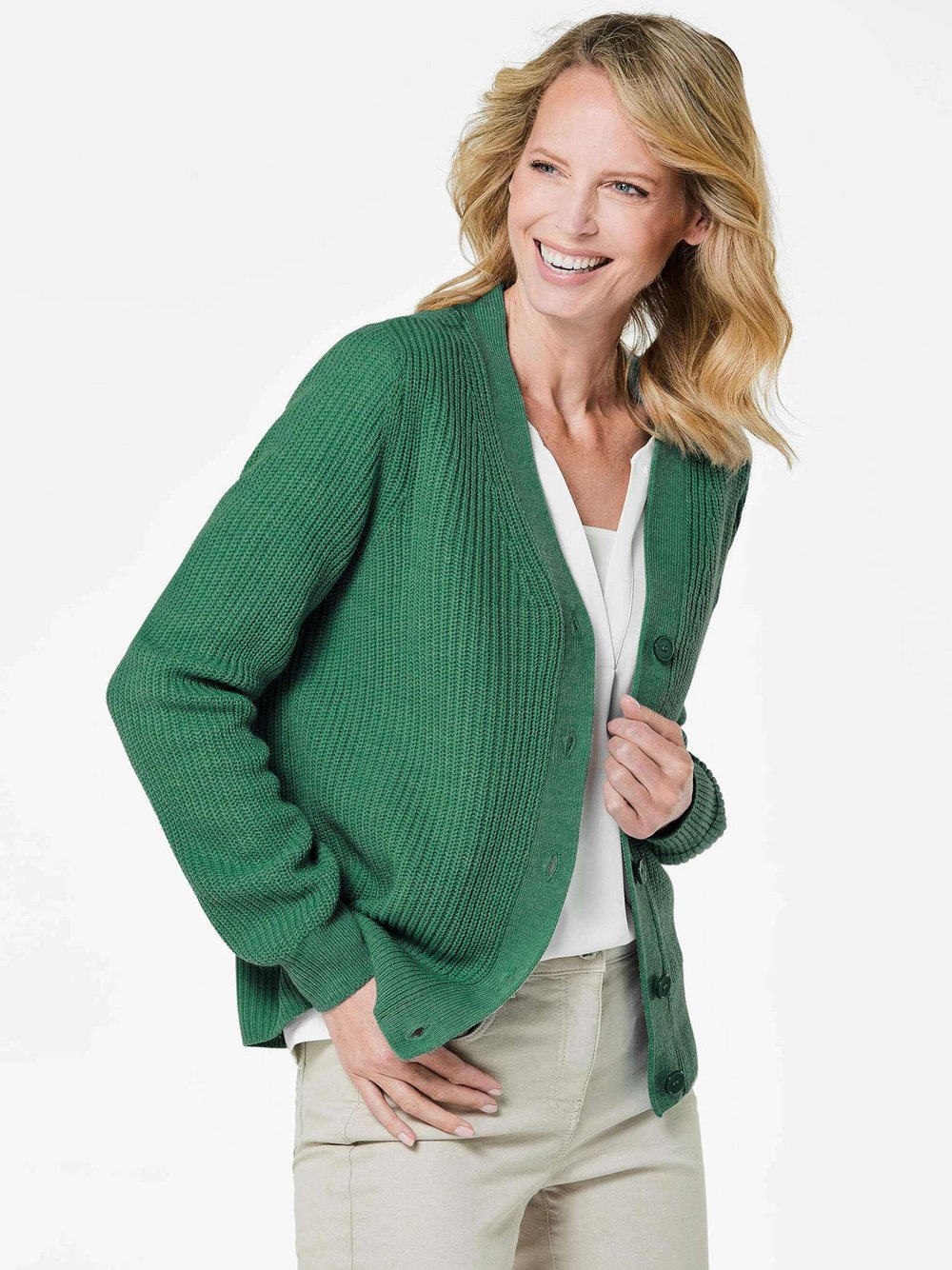 Goldner Strickjacke Damen Schurwolle grün, 38