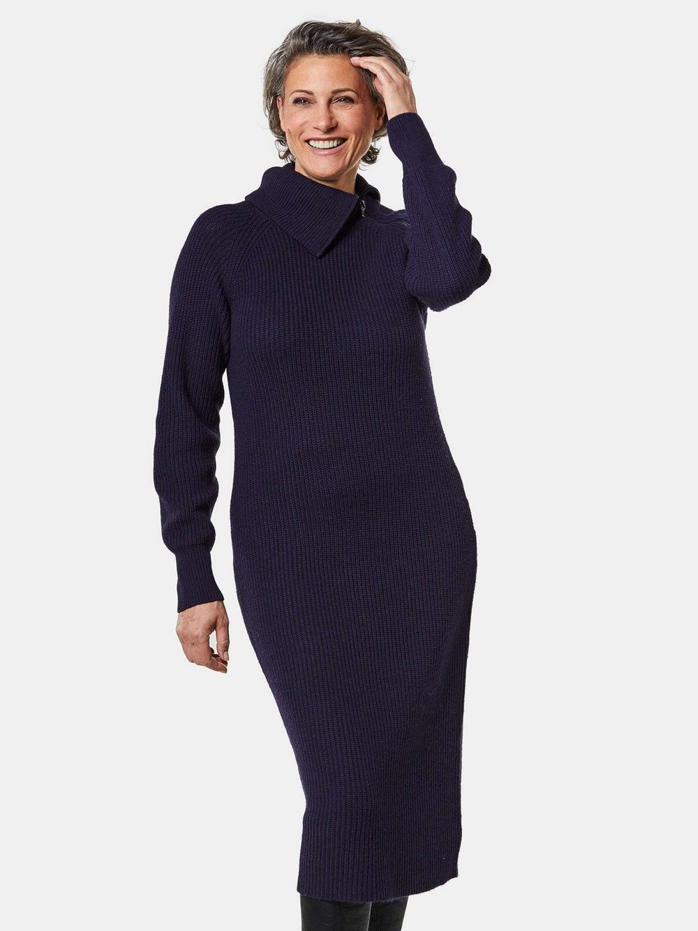 Goldner Kurzgröße: Strickkleid mit asymmetrischem Kragen Damen Schurwolle blau, 22