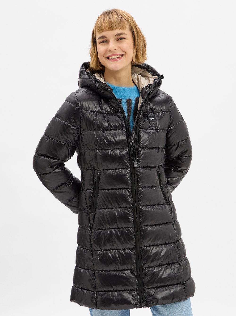 Blauer Steppmantel Damen Polyamid schwarz, S