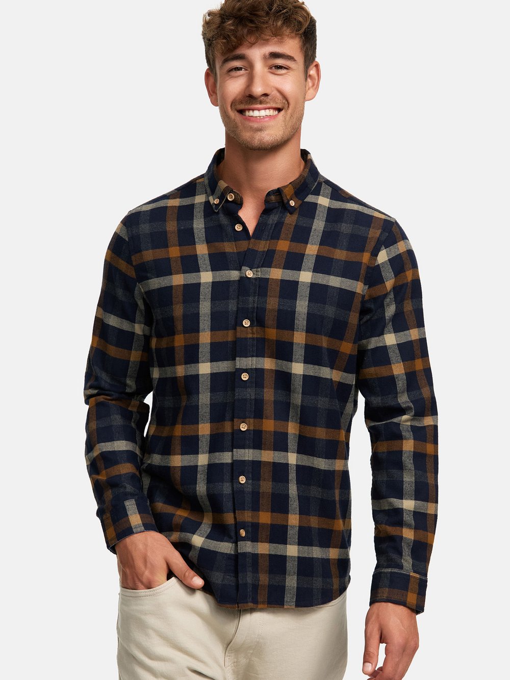 Kronstadt Hemd Langarm Herren Regular Fit Baumwolle braun kariert, L